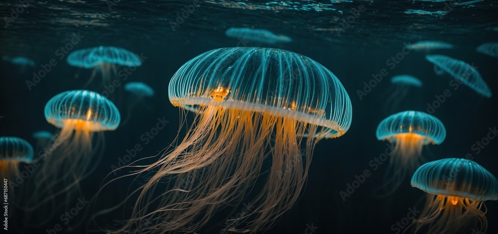 Naklejka premium jelly fish in the aquarium.a bioluminescent jellyfish illuminating a dark underwater scene