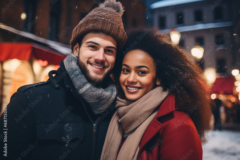 Fototapeta premium Generative AI portrait of young lovers couple over new year decorations snowy city winter fair