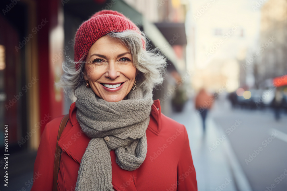 Generative AI portrait of attractive elderly woman standing over new year decorations snowy city winter fair Generative AI portrait of attractive elderly woman standing over new year decorations snowy city winter fair