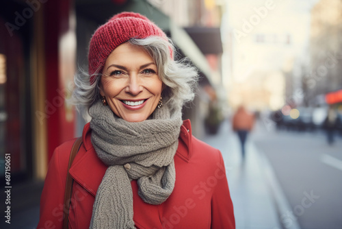 Generative AI portrait of attractive elderly woman standing over new year decorations snowy city winter fair