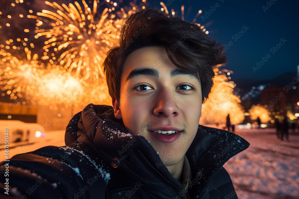 Happy new year conceptual artwork Generative AI picture different people admiring fireworks at Christmas night