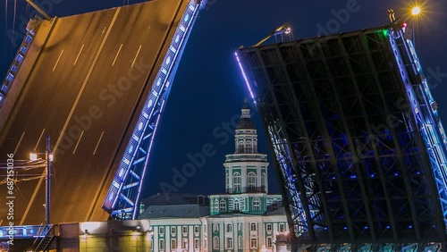 Raised Palace Bridge timelapse amid numerous boats and the prominent Kunstkamera - Museum of Anthropology and Ethnography. Overlooking the Neva River, scene embodies St. Petersburg's charm. Russia photo