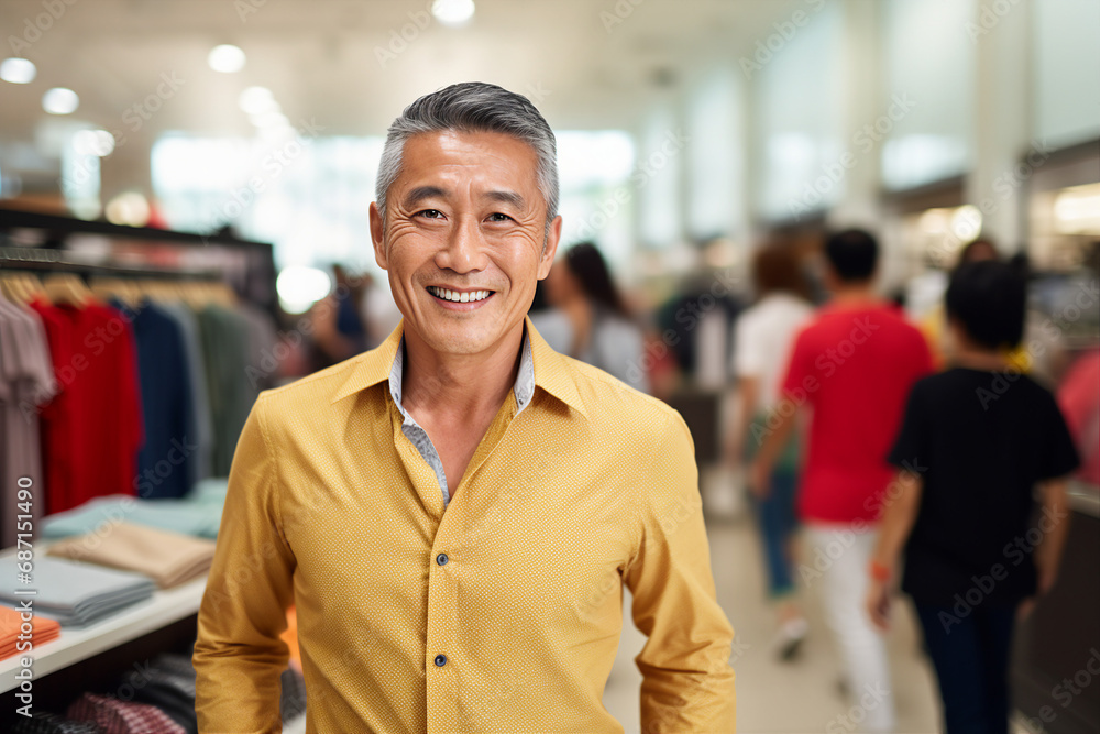 Generative AI picture Cheerful person shopaholic enjoy buying stuff clothes low prices store Generative AI picture Cheerful person shopaholic enjoy buying stuff clothes low prices store