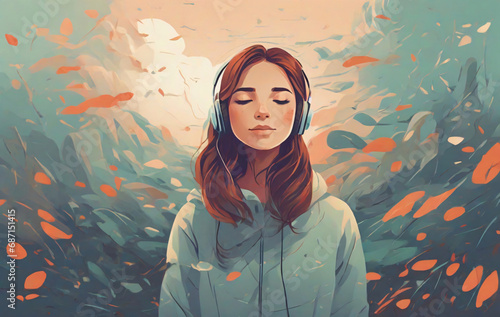 A girl wearing a headset to represent mental health awareness. Inner peace and positivity.