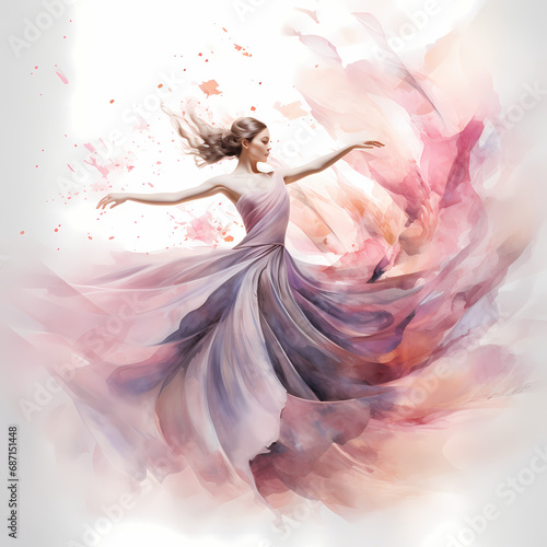 a digital ballet featuring abstract sakura elements with watercolor-inspired strokes, a whirlwind in an oasis playing with shadows and light