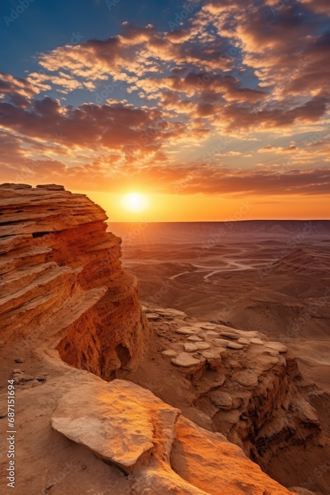 A stunning image of the sun setting over a rocky outcropping. Perfect for nature enthusiasts and travel blogs
