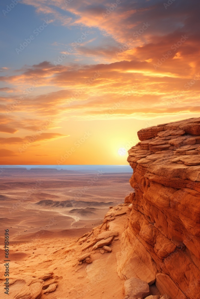 A captivating image of the sun setting over a vast desert landscape. Perfect for travel websites and articles on nature and adventure