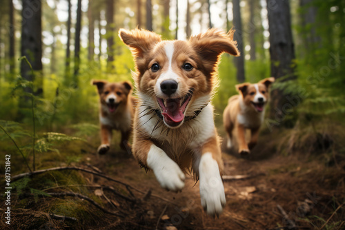 Generative ai picture of happy beautiful little dogs running in forest photo