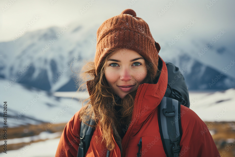 Happy young woman wearing warm winter hiking clothes climbing high peak mountain Generative AI picture Happy young woman wearing warm winter hiking clothes climbing high peak mountain Generative AI picture