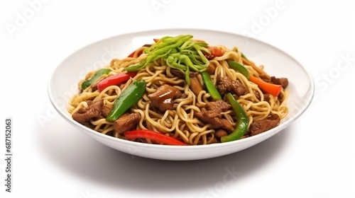 Plate of noodles with meat and vegetables isolated on white background, top view