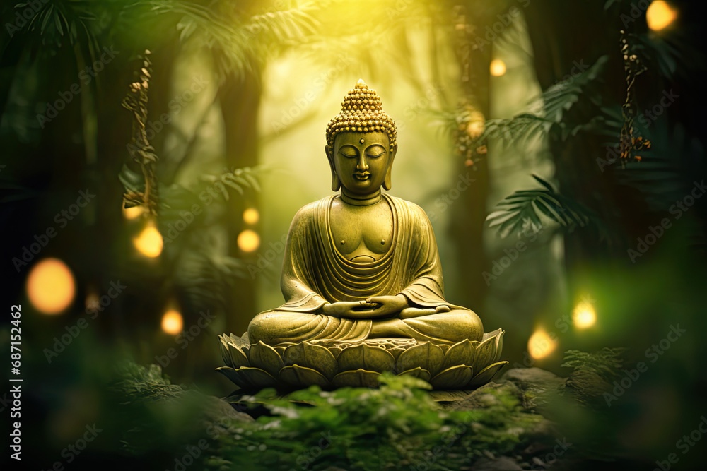 Glowing golden buddha in zen garden
