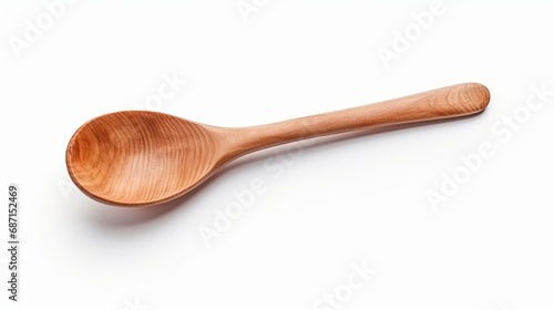 rustic wooden spoon on isolated white background, profile view.