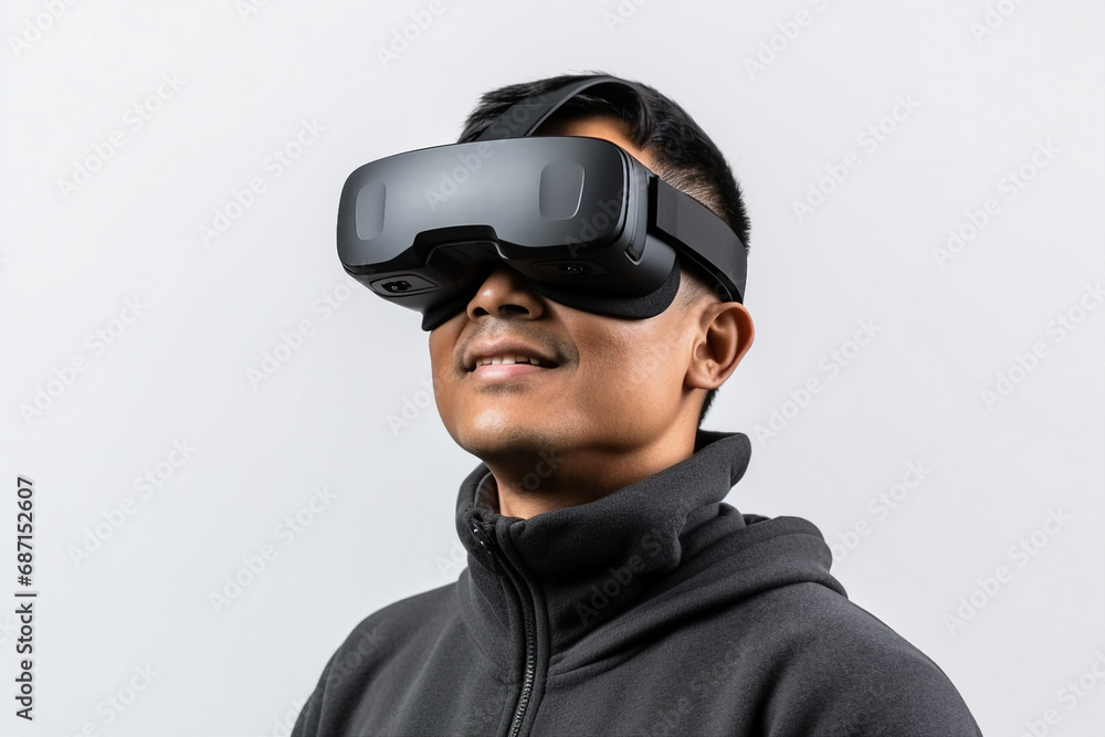Youngster watching 3d object in virtual world fun cheerful vr glasses goggles generative ai Youngster watching 3d object in virtual world fun cheerful vr glasses goggles generative ai
