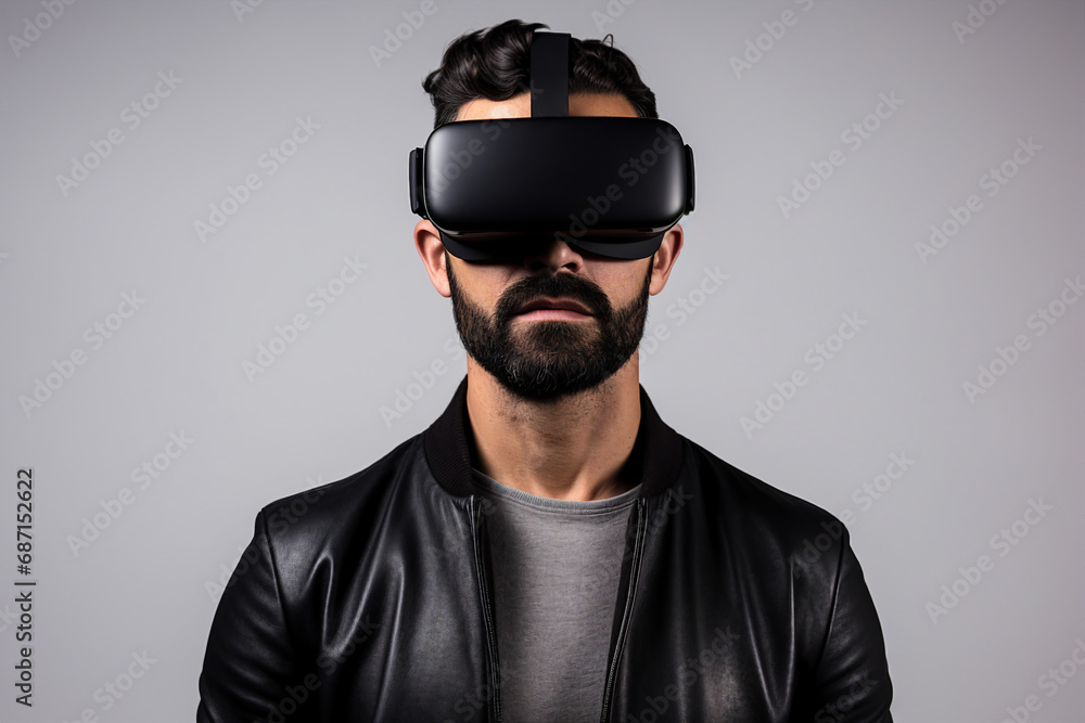 Youngster watching 3d object in virtual world fun cheerful vr glasses goggles generative ai