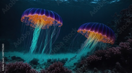 jelly fish in the aquarium.a bioluminescent jellyfish illuminating a dark and mysterious underwater landscape panaromic © LIFE LINE