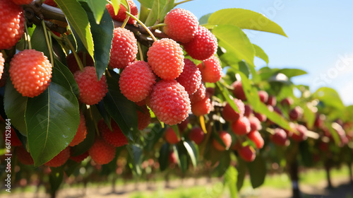 Ripe red lychee fruits hanging on a tree in an orchard  with a sunny backdrop.