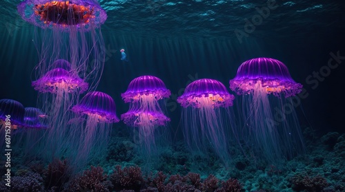 jelly fish in the aquarium.a bioluminescent jellyfish illuminating a dark and mysterious underwater landscape panaromic