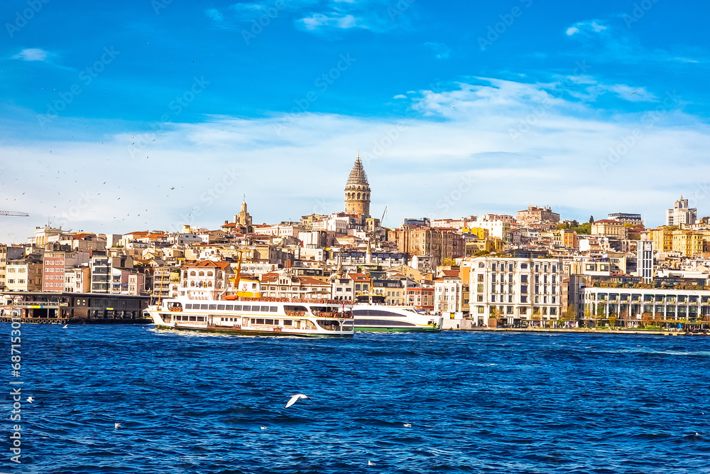 Istanbul Karakoy and Galata tower seafront view