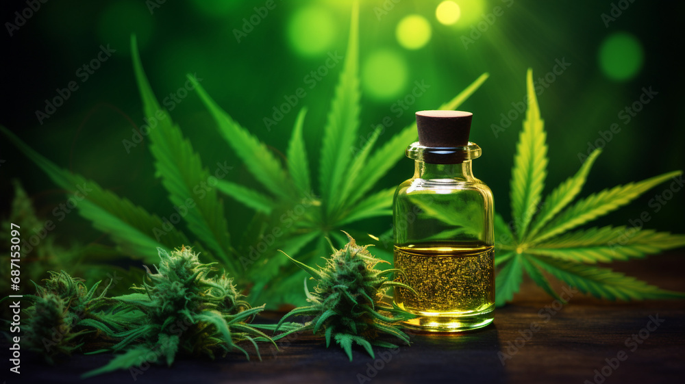 A serene image showcasing a glass jar filled with organic cannabis, surrounded by fresh leaves and buds with a mystical, sparkling green background. A serene image showcasing a glass jar filled with organic cannabis, surrounded by fresh leaves and buds with a mystical, sparkling green background.