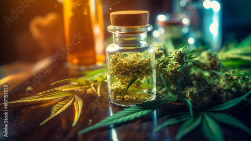 A serene image showcasing a glass jar filled with organic cannabis, surrounded by fresh leaves and buds with a mystical, sparkling green background.