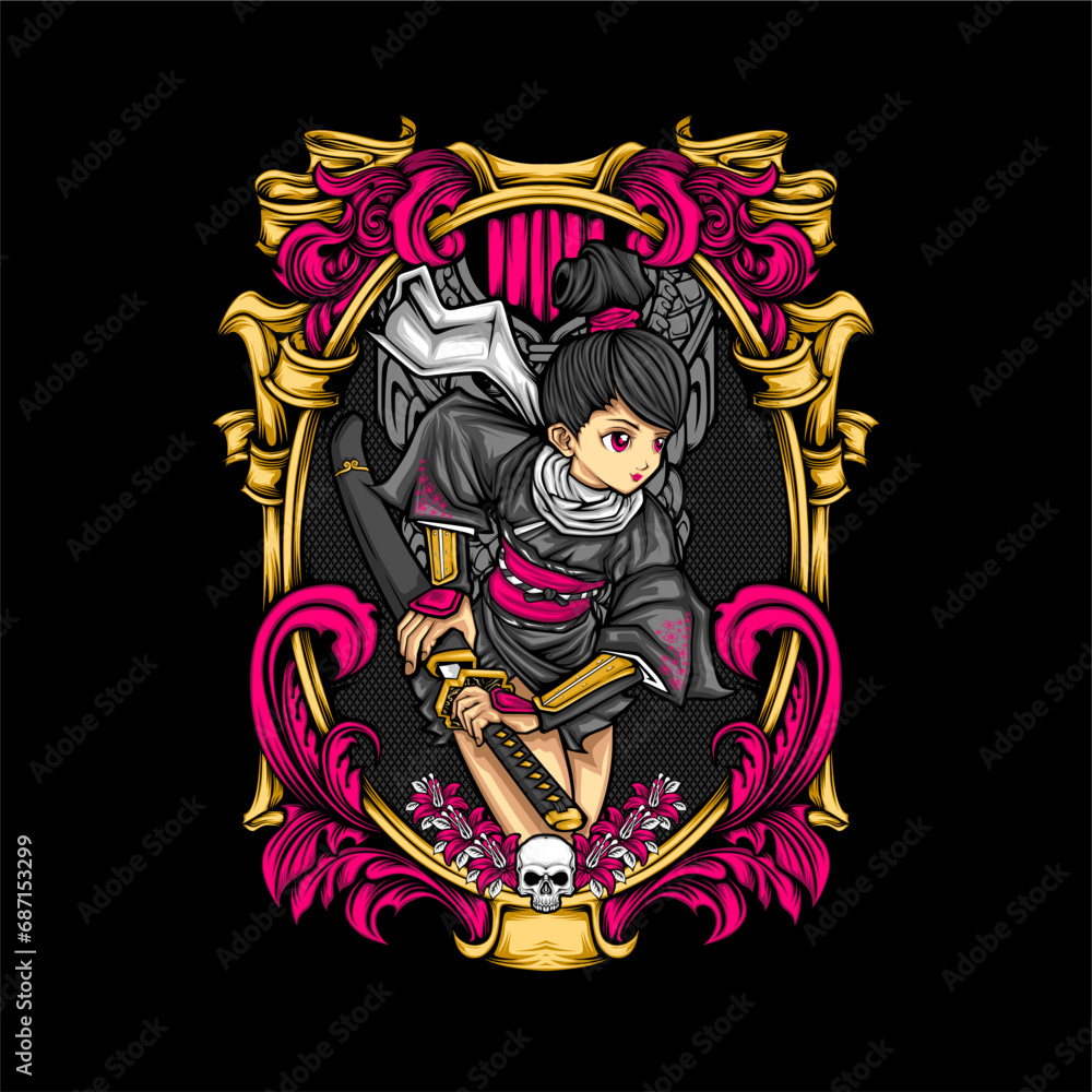 samurai girl illustration for t shirt design samurai girl illustration for t shirt design