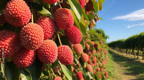 Ripe red lychee fruits hanging on trees in an orchard under a clear blue sky. photo