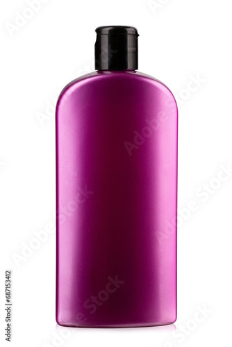 Cosmetic bottles lilac color with lid isolated on white background. Bottle with hand sanitizer. Antimicrobial liquid gel. Hand hygiene. Shampoo bottle. Medicine bottle. Liquid soap.