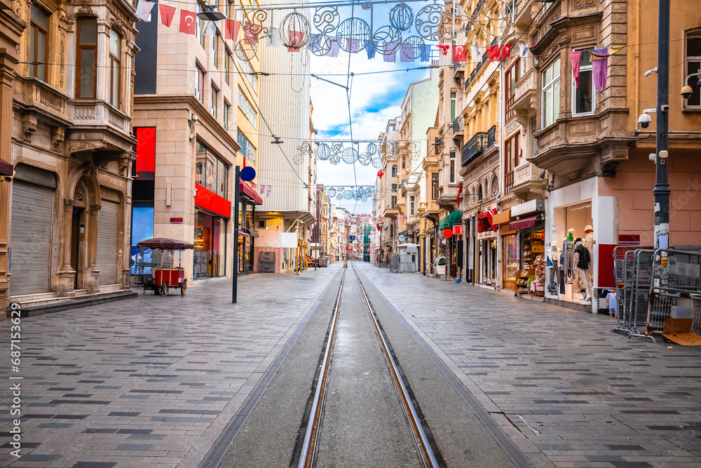 Istanbul. Istiklal Avenue, historically known as the Grand Avenue of Pera famous tourist street view - obrazy, fototapety, plakaty 