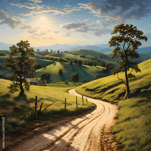 a calm countryside scene with a dirt road and rolling hills