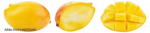 Sliced ripe yellow mango. Set. Isolated on a white background. photo