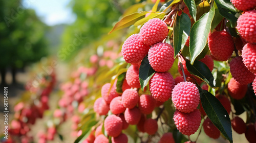 Ripe lychee fruits hanging on trees in an orchard on a sunny day, with a blurred background. photo