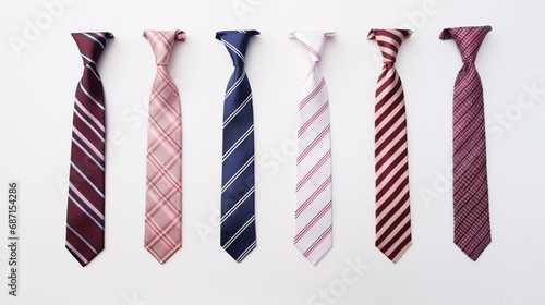 Strapped neckties in different on white background. Top view of striped tie on white background. Father's day concept