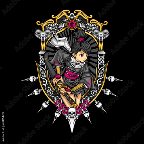 samurai girl illustration for t shirt design