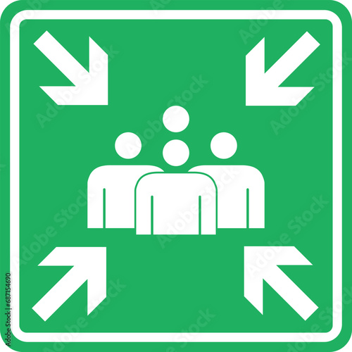 Assembly Point Sign .White on green background. Emergency signs and symbols.