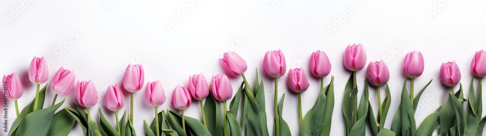 Women and mothers day banner. Pink tulips on white Women and mothers day banner. Pink tulips on white