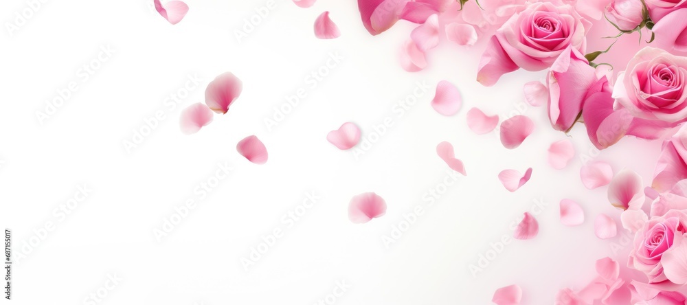 Women and mothers day banner. Pink rose petals on white, copy space Women and mothers day banner. Pink rose petals on white, copy space
