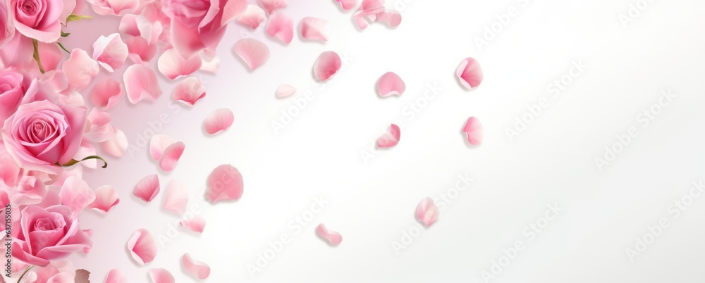 Women and mothers day banner. Pink rose petals on white, copy space Women and mothers day banner. Pink rose petals on white, copy space