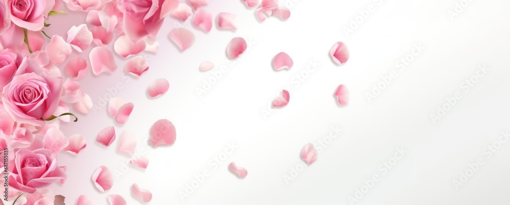 Women and mothers day banner. Pink  rose petals on white, copy space