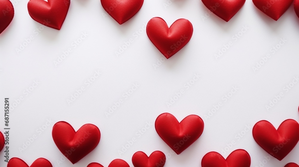 Valentine's Day. Valentine's Day Handmade Red Textile Hearts over white background. Valentine's Day Holiday Background with hearts. Beautiful Hearts. Holiday of Love. Wedding celebrating. Art design.