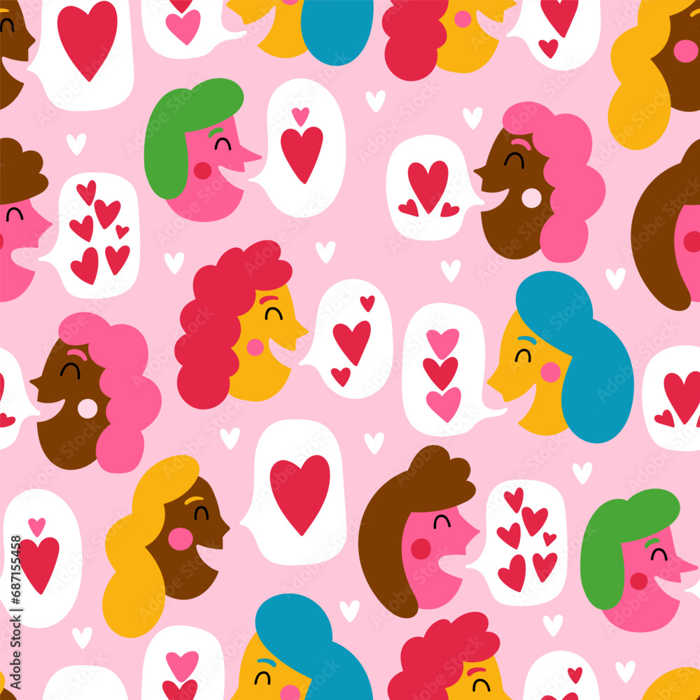 Seamless pattern design for Valentine's day with cute diverse people funny faces and heart shapes. Hand drawn print for wrapping paper, wallpaper and background