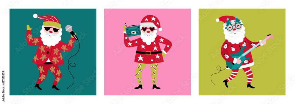 Naklejka premium Christmas holiday cute Santa character card set. Santa singing, playing guitar and dancing. Childish print for cards, stickers, apparel and decoration
