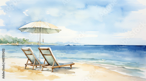 Watercolor Painting of Beach with Umbrella and Lounge Chairs photo