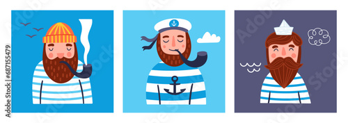 Cute greeting card set with sailor character. Childish print for cards, stickers, apparel and decoration