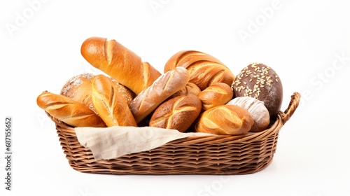 Various kinds of breadstuff in the rustic basket isolated on white background. Bread rolls, baguette, sweet bun, croissant and bagel. © Hanzala