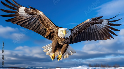 close-up of White tailed eagle fly in the air. blue sky background. © Santy Hong