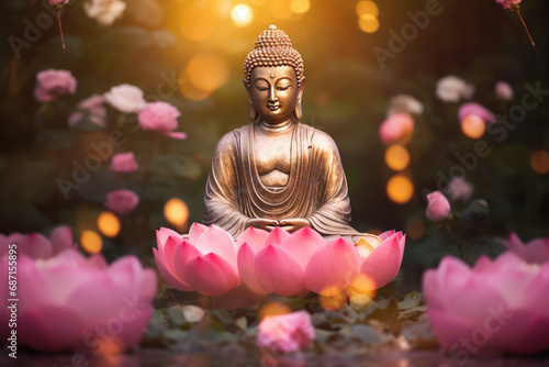 Glowing golden buddha with lotuses in heaven light