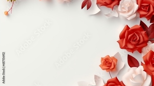 Wedding invitation or valentine's day on white background, flowers and leaves near paper sheet.