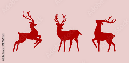 Christmas reindeer vector, silhouettes are isolated on a Red background. Vector set
