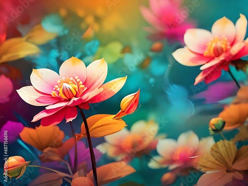 Beautiful Different Colour Flower Close Shot, Snow, Water Drop,Colour Background, Generative Ai © Mdmostafijor