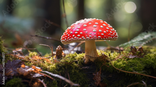 Close-up of Red Poisonous Fly Agaric Mushroom in Forest